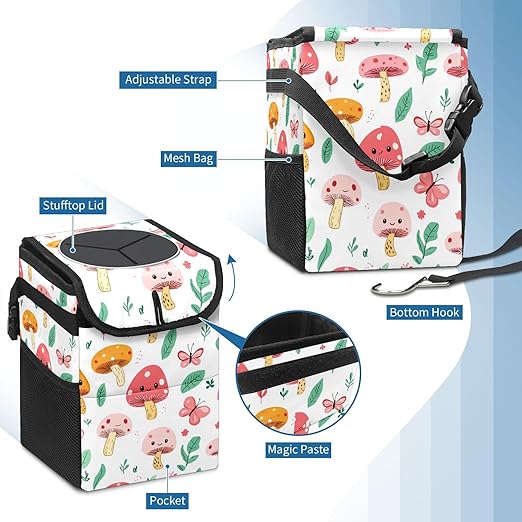 GVGHIDZ Car Trash Can – Multi-Purpose, Lightweight and Portable with Durable Water-Resistant Coating, No Installation Required, Practical and Ample Capacity, Variety of Colors.Mushroom