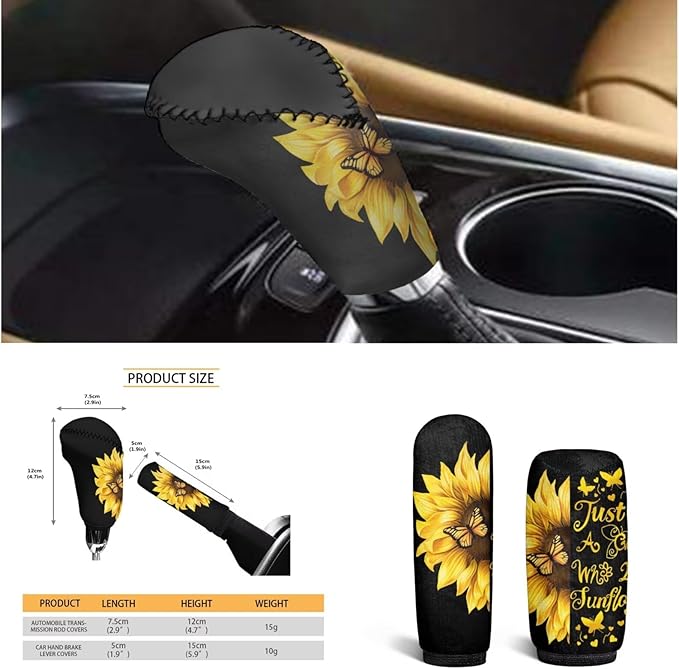 Sunflower Car Accessories for Women 6 PCS Steering Wheel Cover Black Sunflower Cup Coaster Car Armrest Cover Fits Most Cars Trucks Vans and SUV
