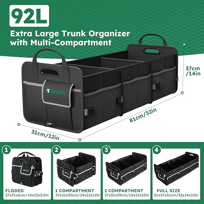 Tonmifr Heavy-Duty Trunk Organizer & Multi-Compartment Storage Box for SUV/Sedan/Minivan,600D Waterproof Oxford,2 Securing Hooks & Reflective Strips-Large Capacity Organiser(92L)