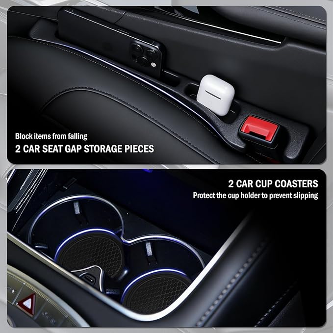 2-in-1 Car Seat Gap Filler Organizer & Car Coasters for Cup Holders Set,New Cars Seat Gap Plug with Storage Slot,Universal in Between Cars Seats Catcher Fit for Trucks SUVs