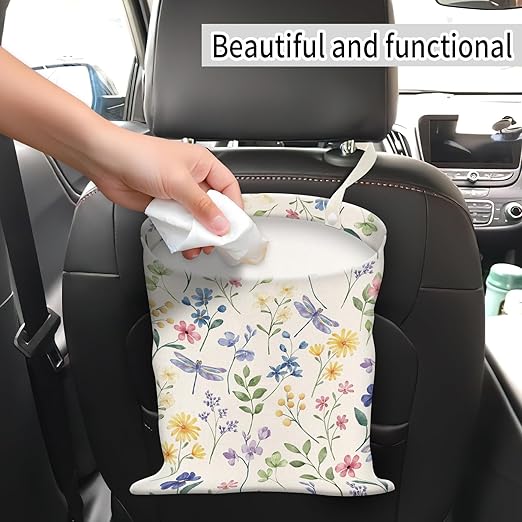 AUEKLLW Car Trash Can, Hanging Garbage Bin for Men and Women, Cute Car Organizer and Storage Bag, Canvas Vehicle Trash Can Bag Easy-to-Install Cute Colorful Flowers