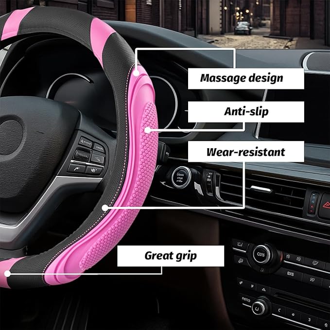 15 Inch Car Leather Steering Wheel Cover, Automotive Accessories Elastic Breathable Anti-Slip Soft Wheel Protector Fits Men and Women, Suitable for SUVs, Trucks, Vehicles and RVs (Pink)