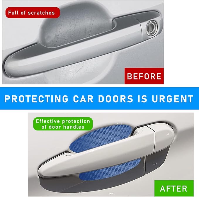 Ziciner 8 PCS Car Door Handle Sticker, Carbon Fiber Texture Auto Door Handle Protective Films, Anti-Scratches Door Side Handle Paint Guard, Universal Vehicle Accessories for Most Cars (Blue)