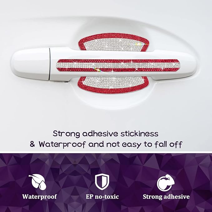 Gengki 10PCS Set Car Door Handle Bling Rhinestones Stickers Universal Auto Door Handle Safety Reflective Strips Red White