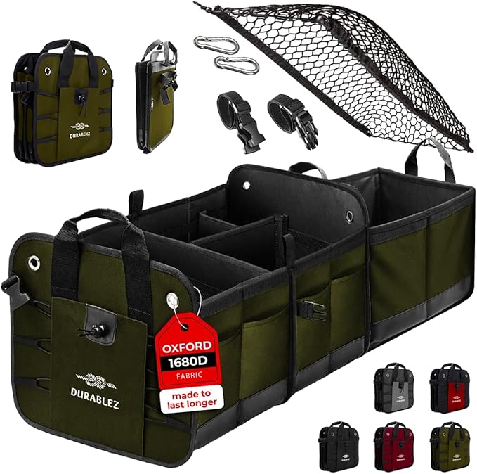 DURABLEZ Heavy Duty 3-Section Trunk Organizer – Extra Large Collapsible & Foldable Cargo Box, Modular Car Storage System for SUV, Truck, Van – Green