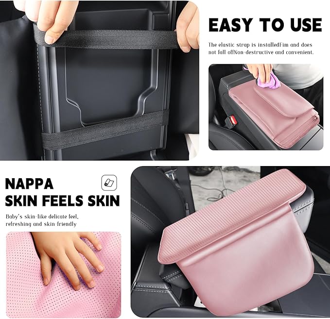 Car Armrest Cover Pad - Nappa Leather Car Center Console Cover with Breathable Holes, Non-Slip Auto Arm Rest Cushion, Universal Car Interior Accessories Fit forTesla Model Y Most Cars, SUVs (Pink)