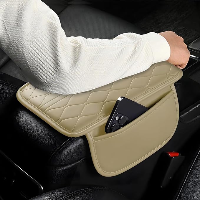 HZEL Car Center Console Cover, Scratch & Wear Resistant Soft Leather Vehicle Armrest Seat Box Cushion Pad with 2 Storage Bag, Waterproof Automotive Interior Protector, Universal Fit (Beige)