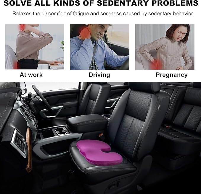 Memory Foam Seat Chair Cushion, Comfortable Auto Cushions for Long Periods of Sitting, Pregnancy Car Seat Cushion for Back, Coccyx & Sacrum Pain Relief, Car Accessories (Purple)