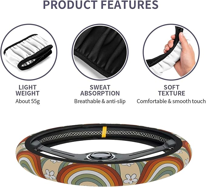 Car Steering Wheel Cover for Women Men, Non-Slip Rainbow Retro Steering Wheel Protector, Universal 14"-15" Fit for Cars, SUVs, Trucks (Rainbow Retro)