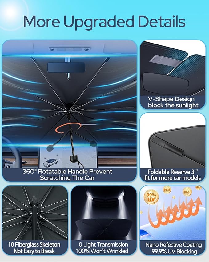 [2025 Upgrade] Retractable Windshield Sun Shade for Car, Umbrella Sunshade for Car Windshield Protect Vehicle from Sun Rays & Heat Damage Medium (57" x 33")