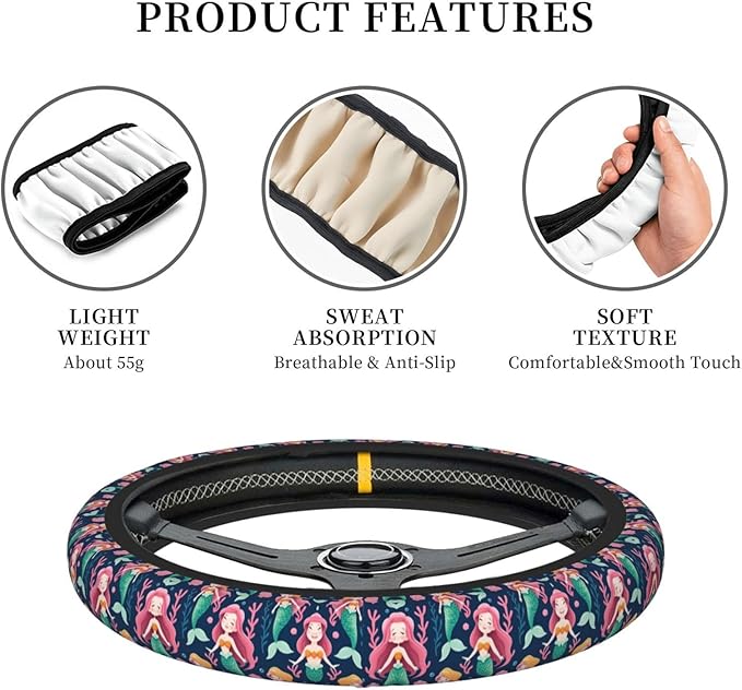 Little Merry Mermaids Neoprene Steering Wheel Covers Women Men Car Accessories, Universal 15 Inch Fit Auto, Suvs, Truck