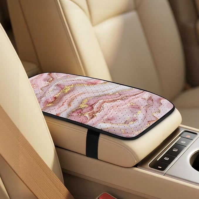 Qeluxign Automotive Seat Covers 5 Piece Universal Fit Pink Gold Marble Car Accessories with Soft 2 Pack Seat Belt Cover Pads and Center Console Armrest Covers for SUV Truck Interior Set