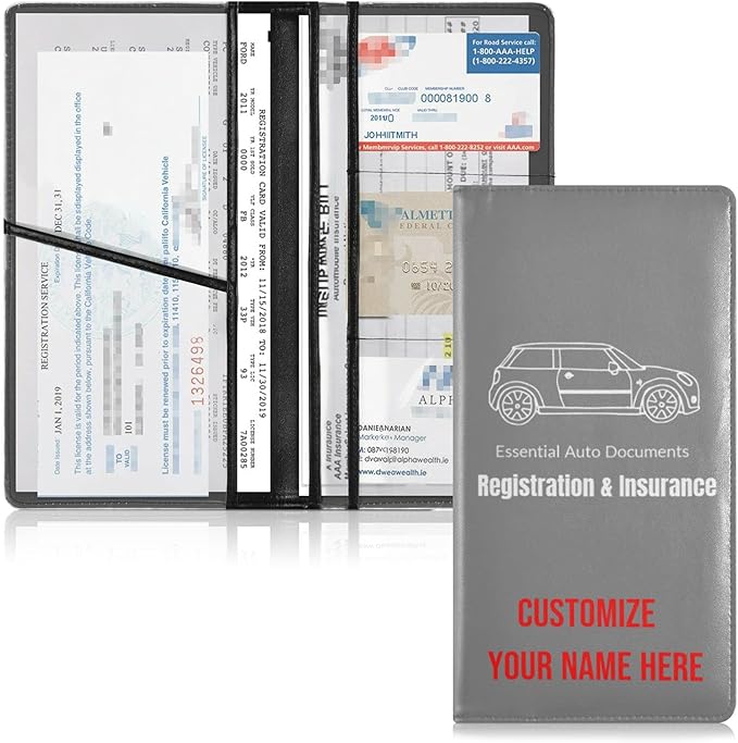 Caihoyu Custom Car Registration and Insurance Card Holder Personalized Leather Glove Box Organize Men Women Wallet Accessories Case for Cards, Essential Document Driver License Dark Gray