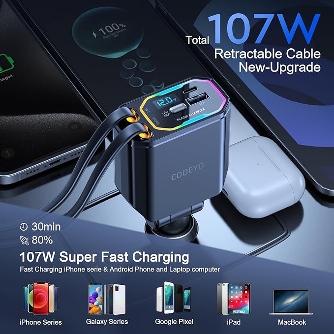 Retractable USB C Car Charger, 65W PD, 35.43 Inch Retractable Cord, RGB Light, For iPhone 12-16, Samsung, Pixel, MacBook