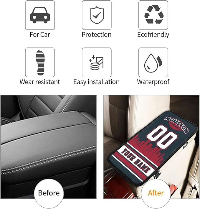 Custom Houston Car Armrest Covers Personalized Football Style with Name Number Customized Auto Center Console Pad Car Handrail Box Cushion for Most Vehicle Decor Accessories, Fans Gift