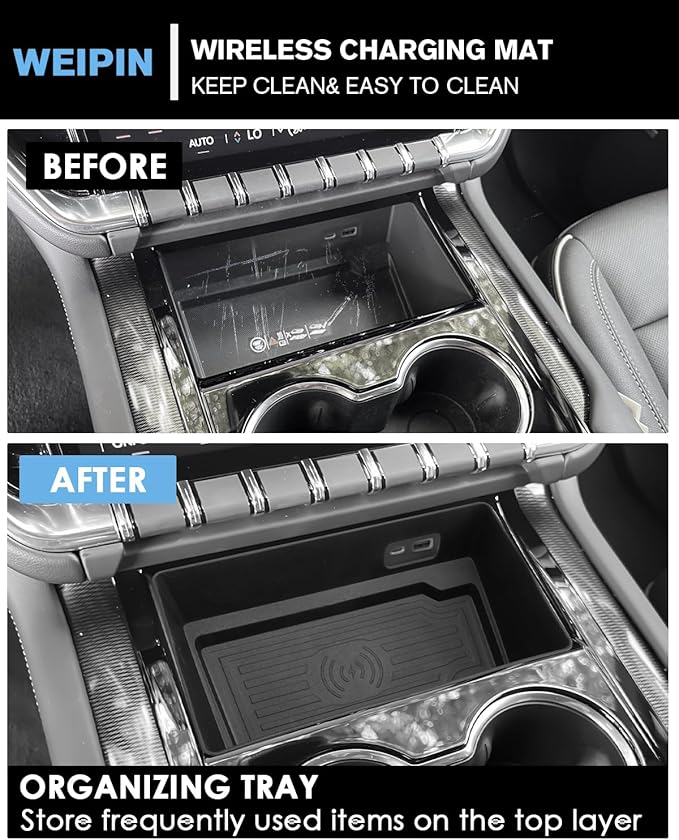 WEIPIN for 2Pcs Center Console Organizer Tray ABS Materials& TPE Wirless Mats Storage Box Compatible with 2025-2026 GMC Yukon (Elevation/AT4) - Only Compatible with Console Without Cover