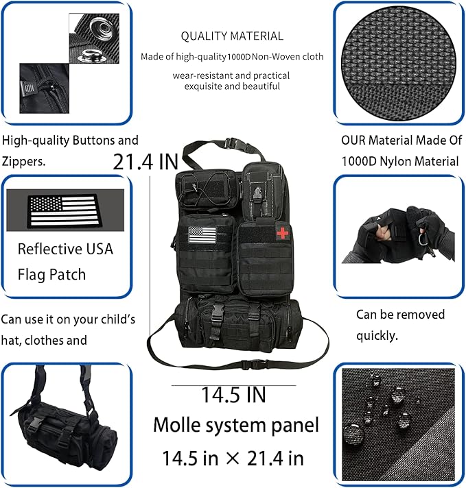 MEAUTELE 6 Pack Tactical Molle Car Seat Back Organizer Tactical Vehicle Panel with 5 Detachable Molle Pouch for Car Truck Ford Jeep Vehicle,US Patch Automotive Organizer For Man (5 Pouches)
