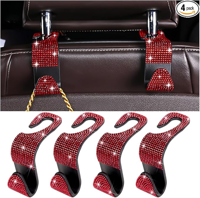 4PCS Bling Car Seat Headrest Hooks, Vehicle Back Seat Purse Handbag Hanging Holder with Crystal Rhinestone, Diamond Storage Organizer Hook, Universal Automotive Accessories (Black/Red)