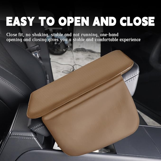 Car Armrest Cover Pad - Nappa Leather Car Center Console Cover with Breathable Holes, Non-Slip Auto Arm Rest Cushion, Universal Car Interior Accessories Fit forTesla Model Y Most Cars (Light Brown)