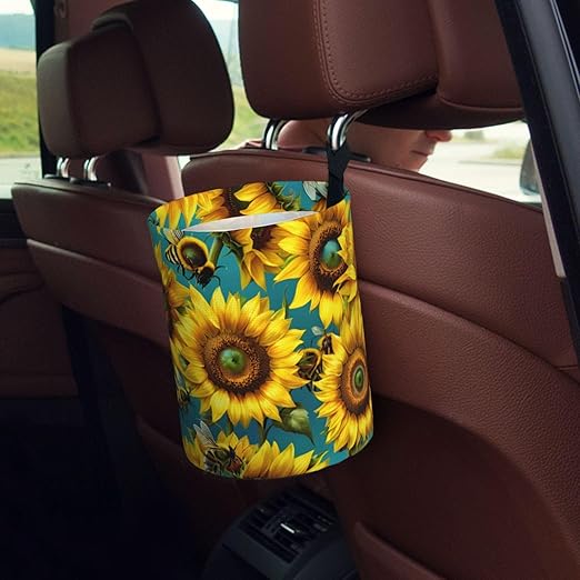 Aueimtia Car Trash Can – Collapsible & Waterproof Hanging Trash Bag, Pop-Up Garbage Bin for Cars, Trucks, Minivans, and Camping – Easy to Install & Clean（ Sunflower）