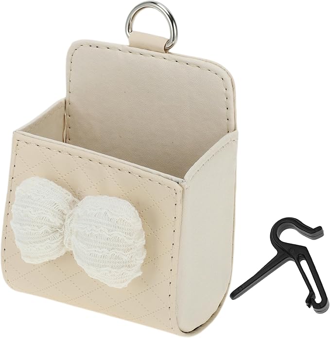 1 Pc Car Trash Can Hanging Trash Bin 3.5" Length 2.0" Width 4.3" Height Beige Faux Leather