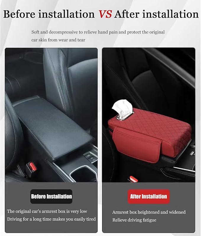 Car Center Console Cover for Fiat 500L (Type 330) 2012-2021, Leather Car Arm Rest Cover, Car Armrest Cushion with 2 Storage Bags Car Center Console Armrest Pad, F Red