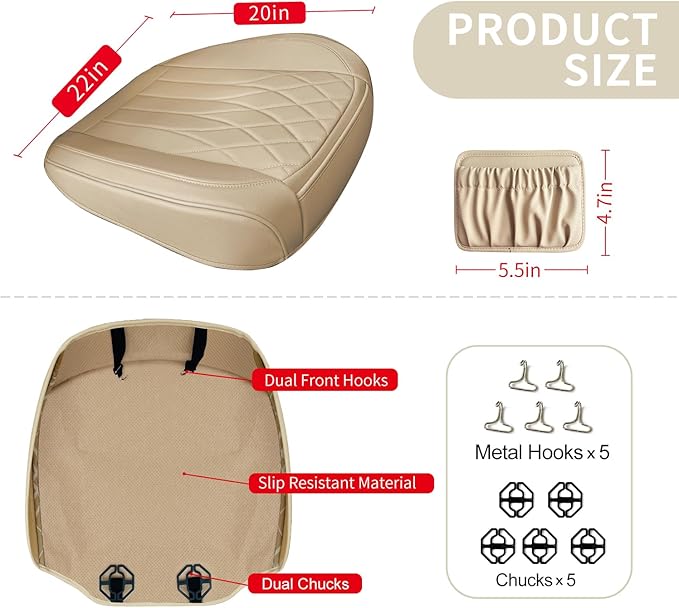 2 Pack Leather Front Car Seat Cover Bottom Car Seat, Universal Anti-Slip Driver Car Seat Protectors with Storage Pocket, Waterproof Bottom Auto Seat Cushion Pad Mat for Most Vehicles(Yellow Beige)