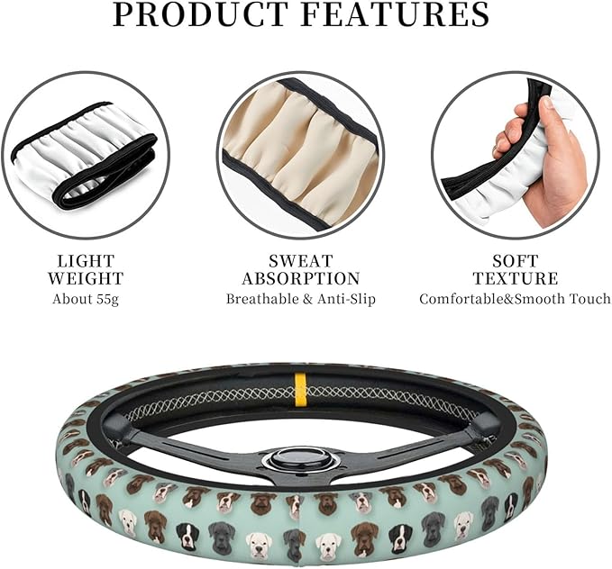 Neoprene Steering Wheel Cover Pit-Bulls Heads Pattern Car Steering Wheel Cover Universal Fit for Most Cars