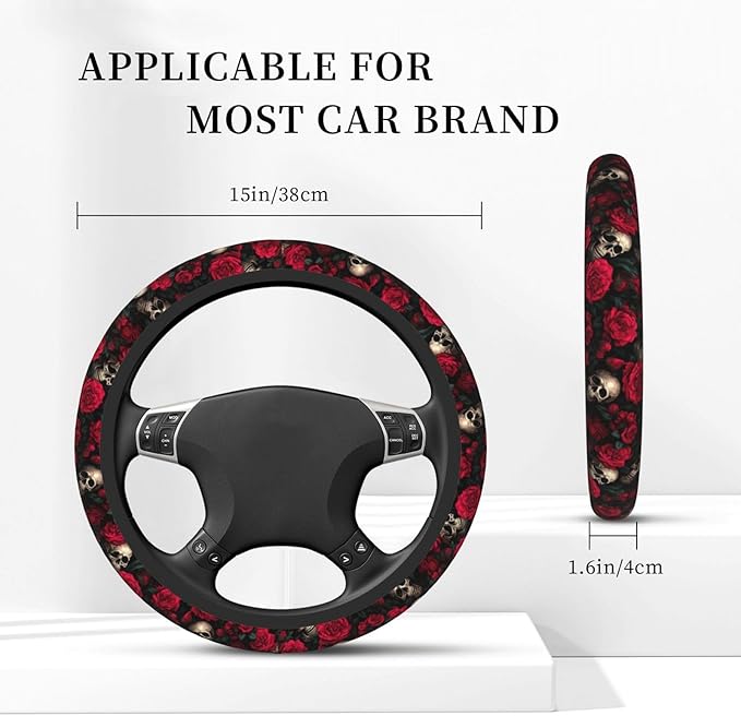 Red Rose Skull Steering Wheel Cover, Non-Slip Breathable Neoprene Steering Wheel Covers, Car Accessories Universal 15 Inch Fit Auto, Suvs, Truck