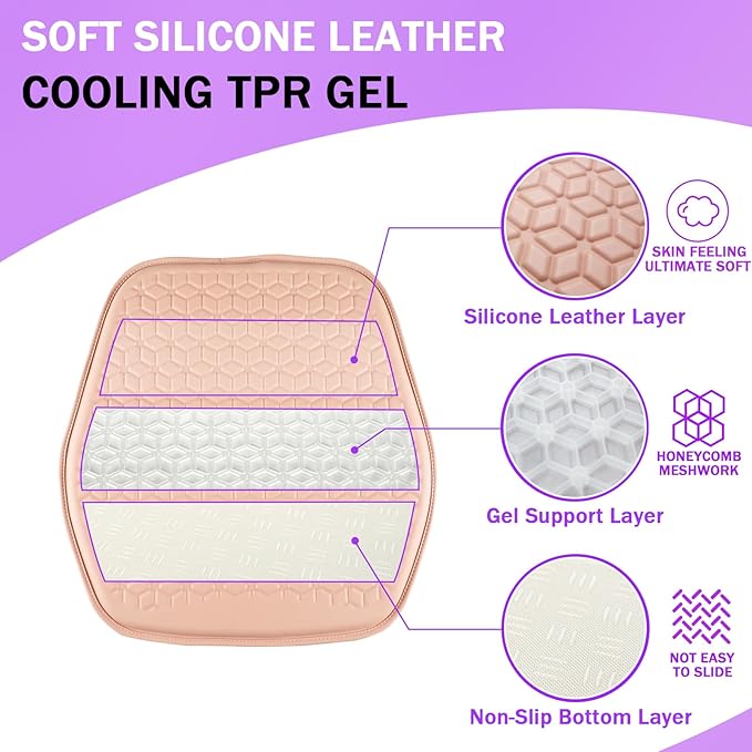 Thin Gel Seat Cushion for Car Seat, Office Chair, Wheelchair, Golf Cart - Non-Slip Car Seat Cushions with 0.7 Inch Gel - Sciatica & Coccyx Pain Relief (Leather, Pink)