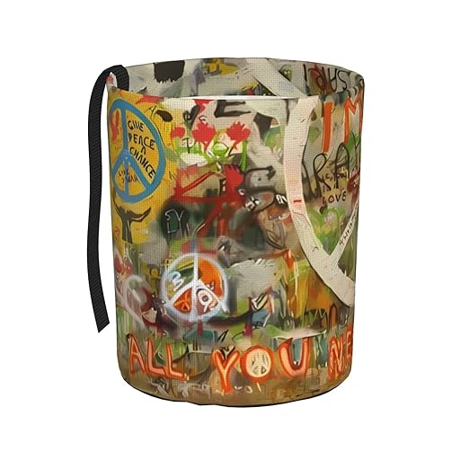 Rectangle Peace Sign Graffiti All You Need Is Love Car Trash Can Leak Proof Hanging Waterproof Garbage Can Multipurpose Trash Bin for Car SUV Front Seat Headrest Collapsible Portable Storage Pocket
