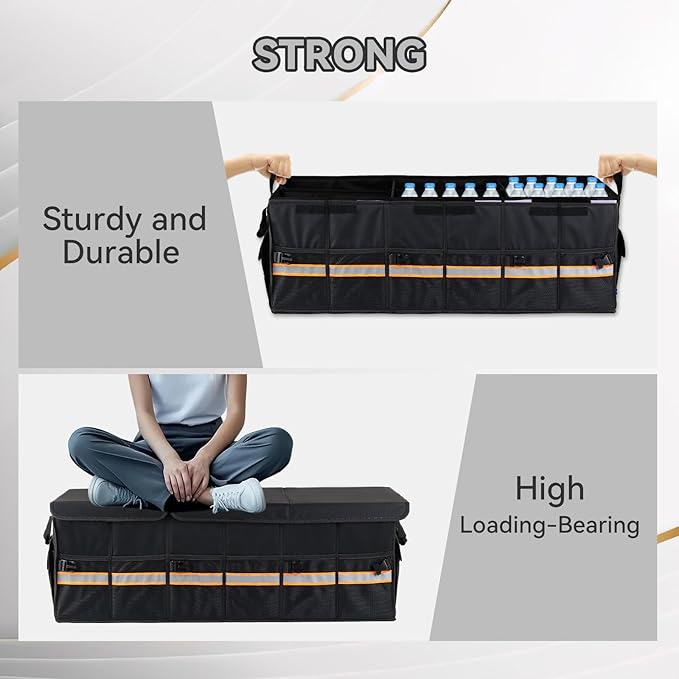 EAROND Car Trunk Organizer with Lid,Collapsible Car Storage Organizer with Multi Compartments and Securing Straps for SUV,Sedan,Jeep-Black