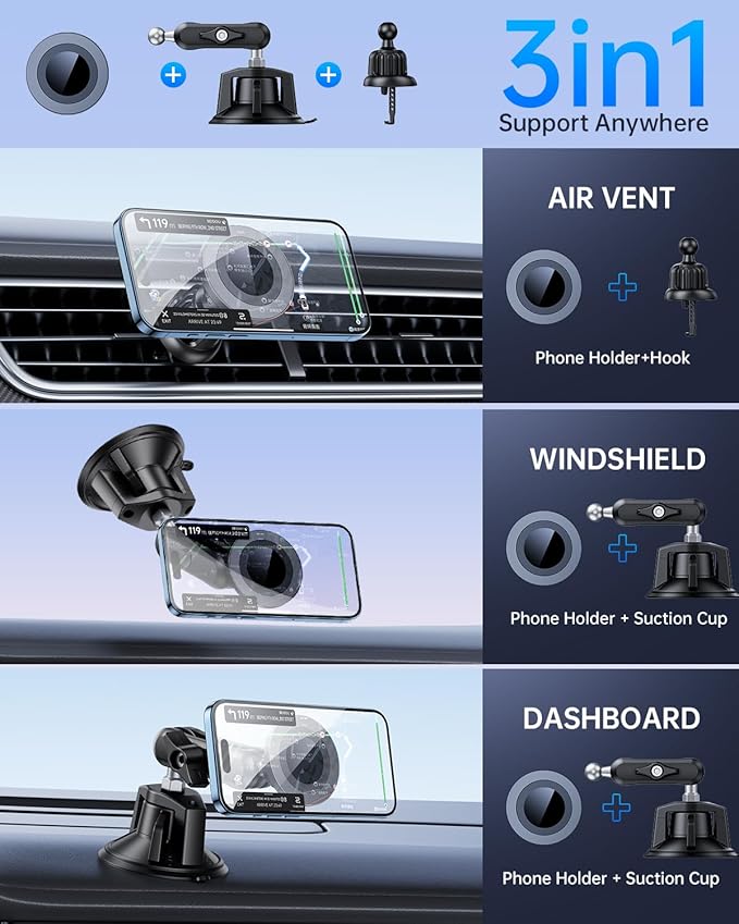 Tmengdao Magnetic Car Phone Holder [3-in-1] for Dashboard, Windshield & Vent, with Strong Suction Cup, Adjustable Metal Arm & 360° Rotation, Universal Phone Mount for All Cell Phones