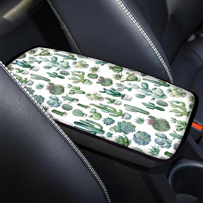 Cactus Car Armrest Pad Soft Breathable Automotive Center Console Non Slip Arm Rest Protector Cover Universal Cactus Car Interior Accessories Decor Green