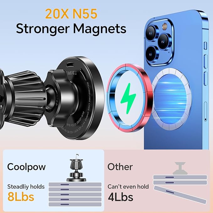 Coolpow for MagSafe Car Mount Charger【Ultra Magnet】Magnetic Phone Holders for Your Car Charger【Windshield+Vent+Dash】Magnetic Wireless Car Phone Holder Mount Charger Car Accessories for iPhone 17 16 15