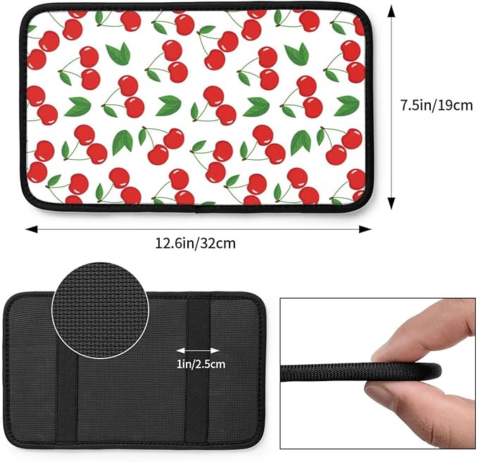 DORKEIXIA Fruit Cherry Red Cherries Leaves Leaf White Auto Center Console Armrest Pad Universal Car Center Console Cover Seat Box Cover for Sedan, Van, SUV, Truck Car Accessorie