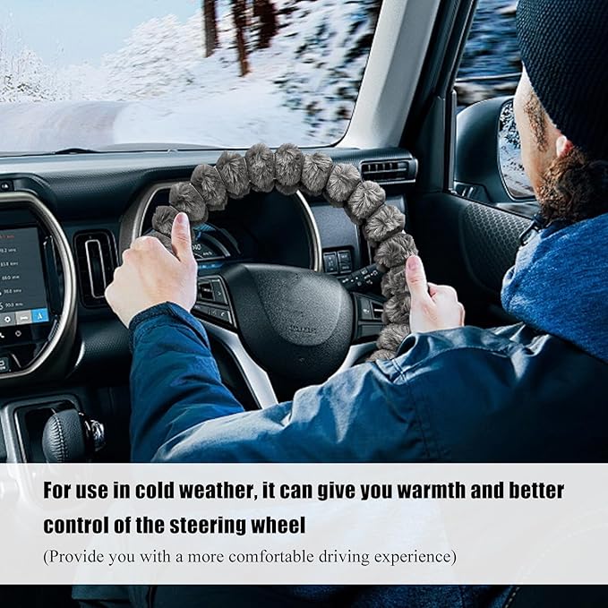 Fluffy Car Steering Wheel Cover, 14.5-15 Inches Anti-Slip Plush Fuzzy Steering Wheel Protector, Soft Warm Steering Wheel Cover Interior Decor for Women Girl, Car Accessories (Gray)
