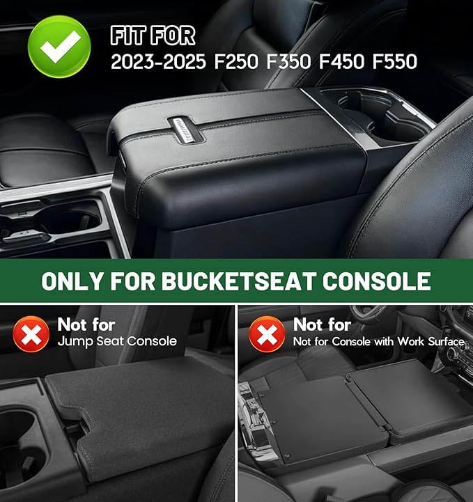 Center Console Cover for 2023 2024 2025 Ford F250 F350 F450 F550 Super Duty, PU Leather Armrest Box Cover, Truck Interior Accessories with Hidden Pockets (Fits Bucket Seat Console Only)