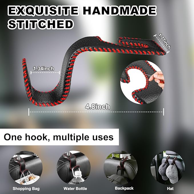 Car Seat Hooks for Purses and Bags, 4 Pack Car Purse Holder for Grocery Bag Handbag Clothes, Metal Headrest Hooks Covered by Leather, Black Red