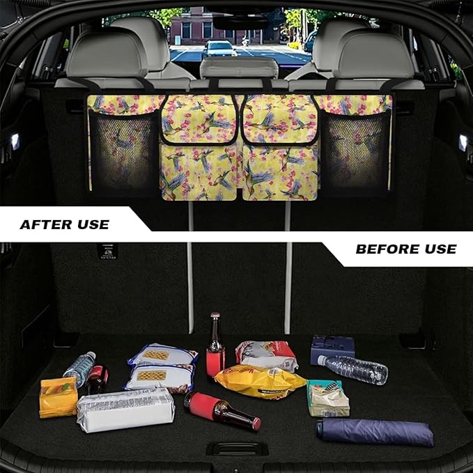 Hummingbird Car Trunk Organizer, Universal Car Organizers and Storage Backseat Car Organizer for SUV/Truck/MPV, Reusable Space-Saving Hanging Car Organization with 4 Pocekts