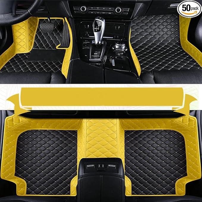 Custom Floor Mats for Cars，Luxury Full Coverage All Weather Car Floor Mats，Leather Car Mat Set ， Floor Mats for 99% of Cars, Trucks & SUVs (Edge Yellow, Middle Black Rice)