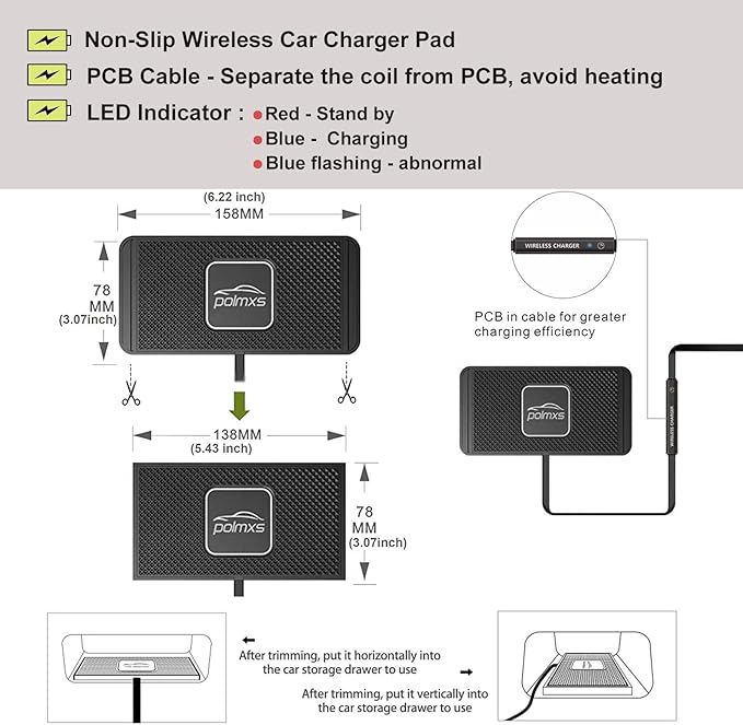 POLMXS Wirpad Wireless Charger Car Charging pad POLC 15W Fast Wireless Phone Charger Cell Phone Cordless Charging mat Compatible with iPhone 12/13/14/15 Series& Samsung Galaxy S21/S22/S23/24 (C1Y)