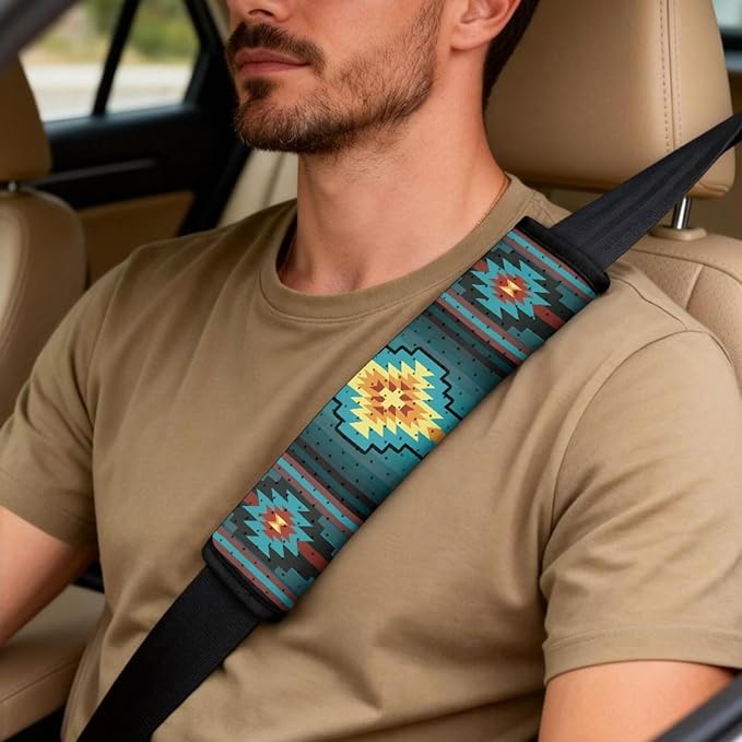 FUSURIRE Abstract Geometry Print Car Seat Cover Set with Center Console Armrest Covers Cushion and Seat Belt Shoulder Straps Pad 5pcs PU Car Accessories for Truck Sedan SUV