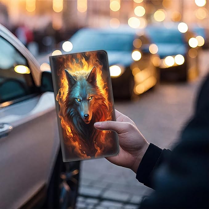 Car Document Holder with Magnetic Shut, Car Registration & Insurance Card Holder, Waterproof PU Leather Glove Box Organizer Vehicle Accessories Driver License for Women/Men, Flame Wolf Pattern