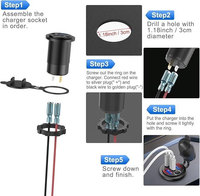 Red 12V USB Outlet Dual PD 30W USB C Port and Dual USB Quick Charge 3.0 Port with Power Switch, 78W Multiport Car Charger Socket Waterproof DIY Accessories for Car Boat Marine Motorcycle RV ATV