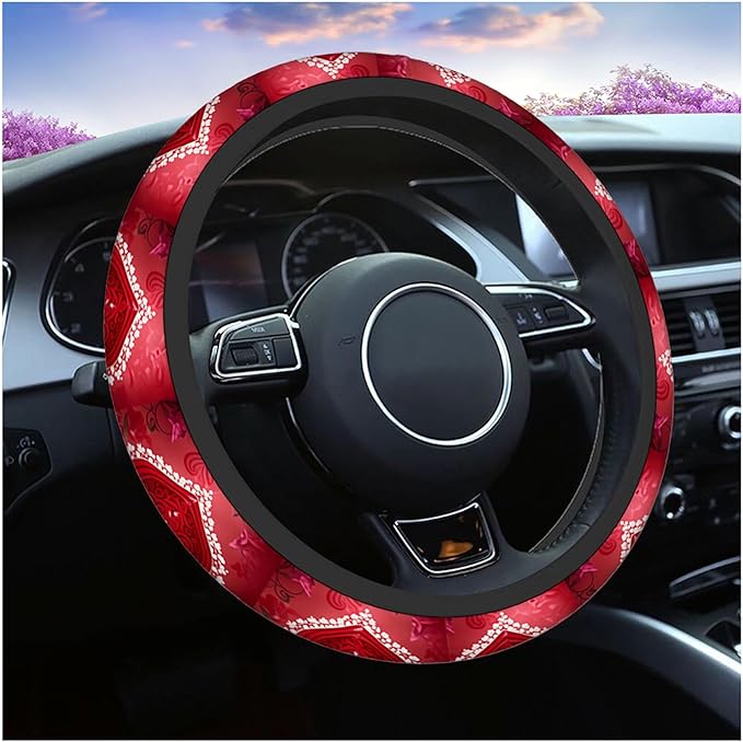 Swono Valentine Steering Wheel Cover, Romantic Red Love Heart Rose Flowers Breathable Auto Car Steering Wheel Cushion Case for Men Universal 15 Inch Steering Wheel Protection