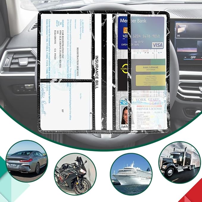 Vehicle Glove Box Car Organizer, Car Registration and Insurance Holder, Insurance Card Holder for Cars, Leather Card Holder Interior Auto Accessories for Women (Marble-Black/Large)