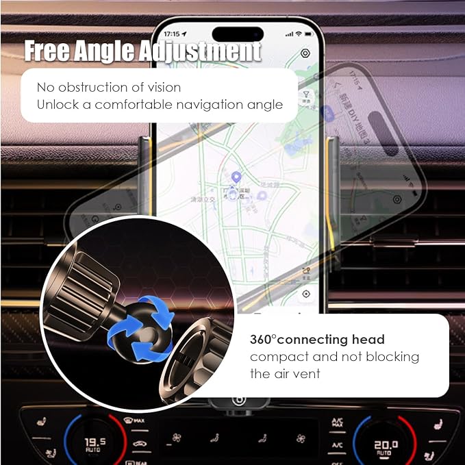 Wokyo Wireless Car Charger Mount, 66W Fast Magnetic Charging and 360° Rotatable, Intelligent Air Vent Car Phone Holder, Auto-Clamping Mount Wireless Charging Compatible Most Smartphones (Silver)