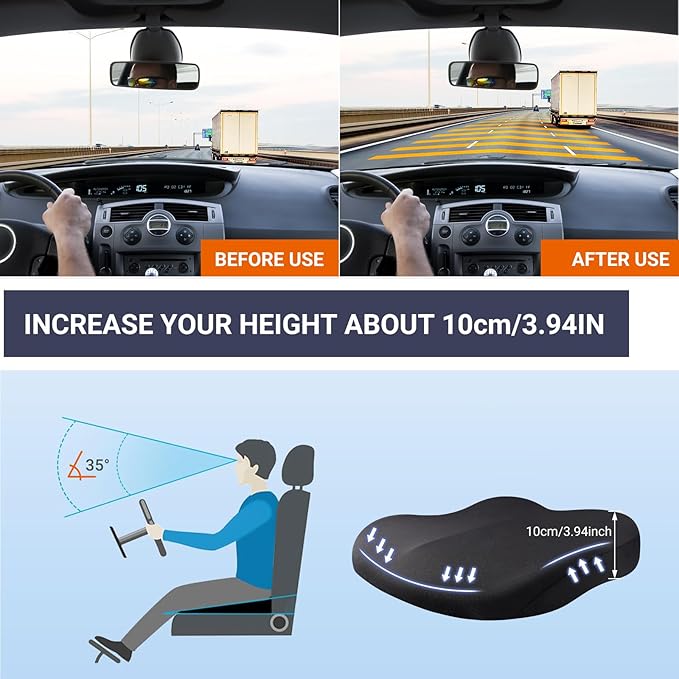 Car Seat Cushions for Driving, Comfort Memory Foam Wedge Driver Seat Cushion, Adult Booster Cushion, Adult Booster Seat for Car, Height 3.9 inch, for Car, Truck, Long Trips,Gray