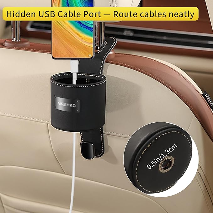 2Packs Cup Holder for Car Back Seat, Nappa Leather Storage Organizer Hook, 3 Inch Backseat Headrest Cup Holder for Car, Sedans, SUV, MPVS, Most Vehicles (Black)